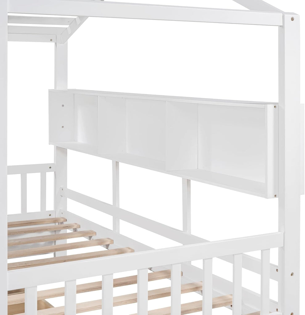 Twin Size House Bed with Storage Drawers,Kids House Bed Frame with Shelves,Cute Wood House Bed Twin with Roof for
