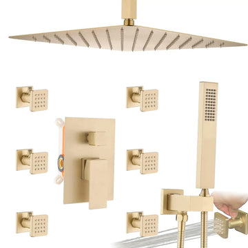Body Jets Shower System with On-Off Switch, 16 Inch Ceiling Rain Shower Head with Jets Shower Faucet Fixture Complete