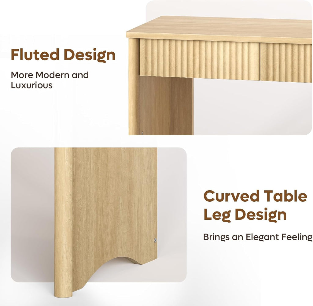 Fluted Computer Desk with 2 Drawers, 40 Inch Small Wooden Writing Study Work Desk, Computer Table