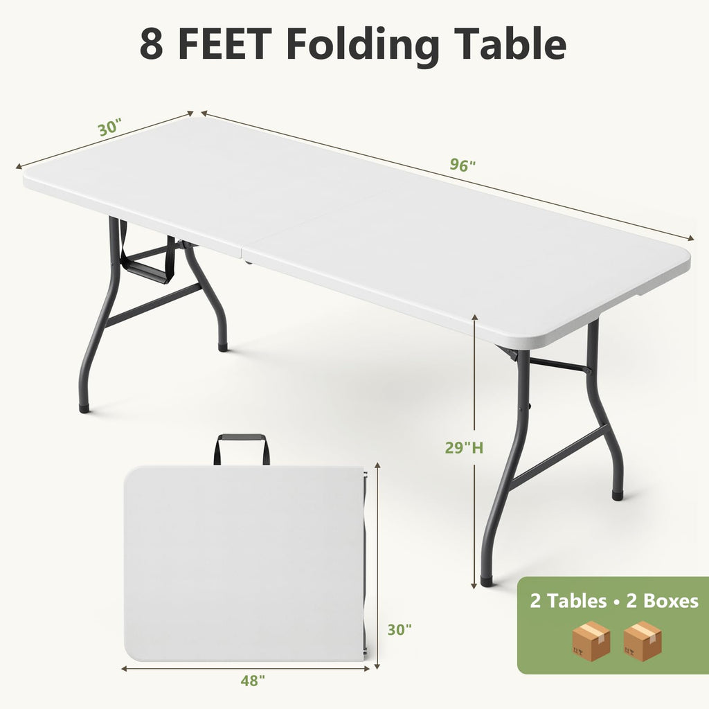 Folding Table 2 Pack, 8 FT Foldable Plastic Table with Carrying Handle, Heavy Duty Portable Fold-in-Half Utility