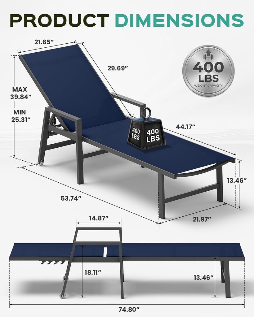 Patio Chaise Lounge Chair Outdoor with Wheels&Armrests, Aluminum Pool Lounge Chairs 5-Position Adjustable Recliner