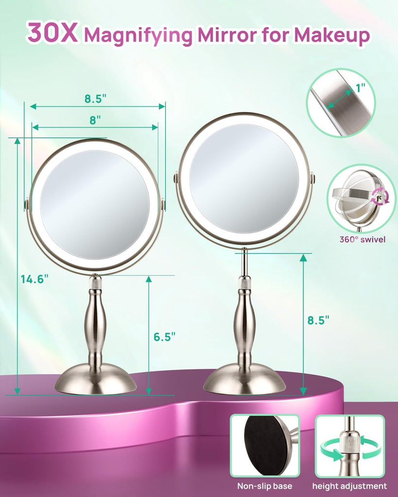 30X Magnifying Mirror with Lights, 8" Height Adjustable Makeup Mirror, Rechargeable 5000mAh, 30x Double