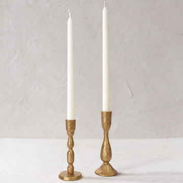 Antique Brass Handcrafted Iron Taper Candle Holders - Set of 2 Decorative Candlesticks for Weddings, Dining, and