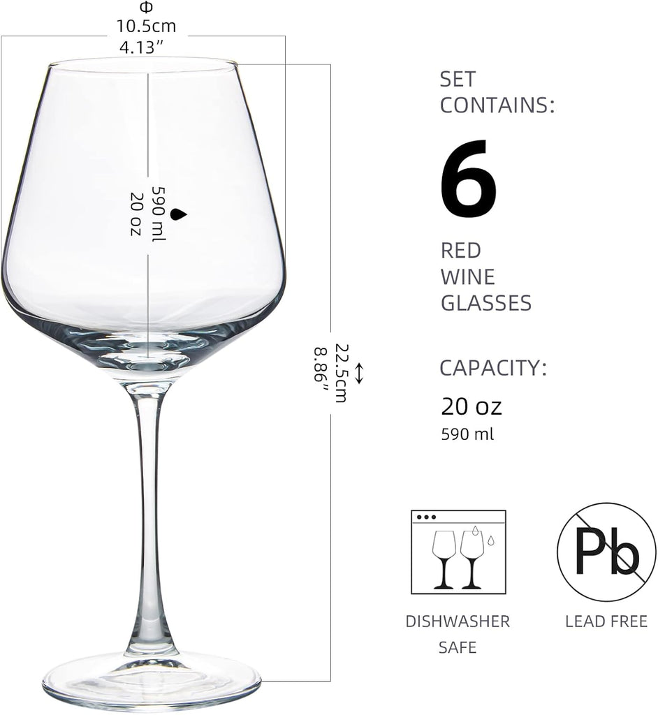 Wine Glasses (Set of 6, 20 Oz), Large Clear Burgundy Wine Glasses for Red Wine, Smooth Rim, Dishwasher Safe