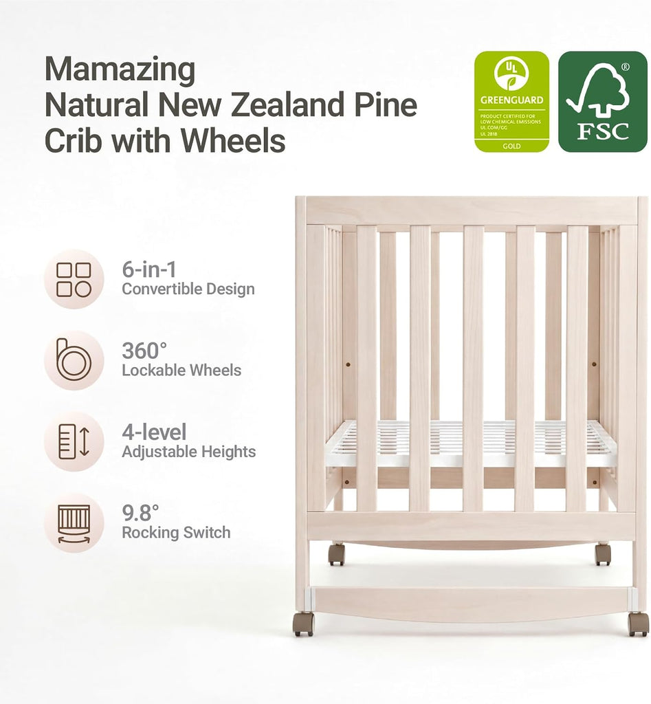 EvoNest 6-in-1 Convertible Baby Mini Crib with Wheels | GREENGUARD Gold Certified, New Zealand Pine Wood, 4