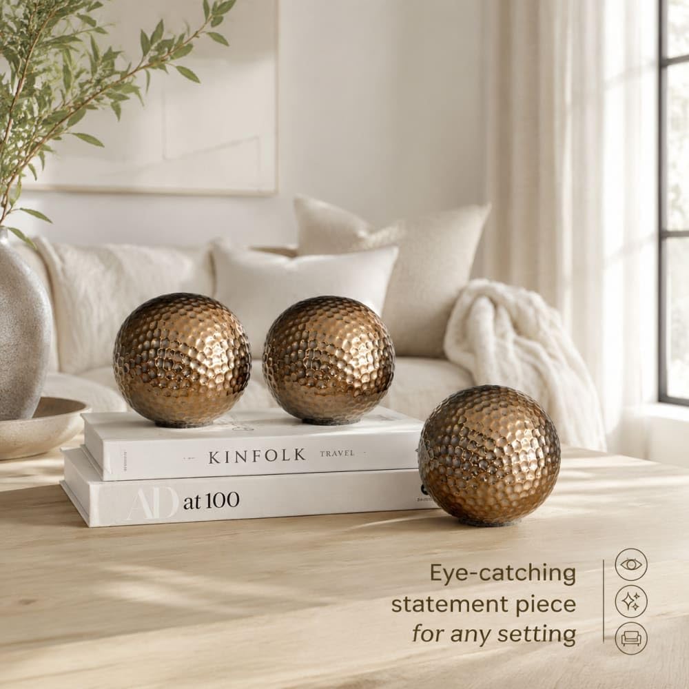Textured Ceramic Decorative Orb Spheres Set of Three for Centerpiece Bowl Mantel Tabletop Shelf Counter Living Room