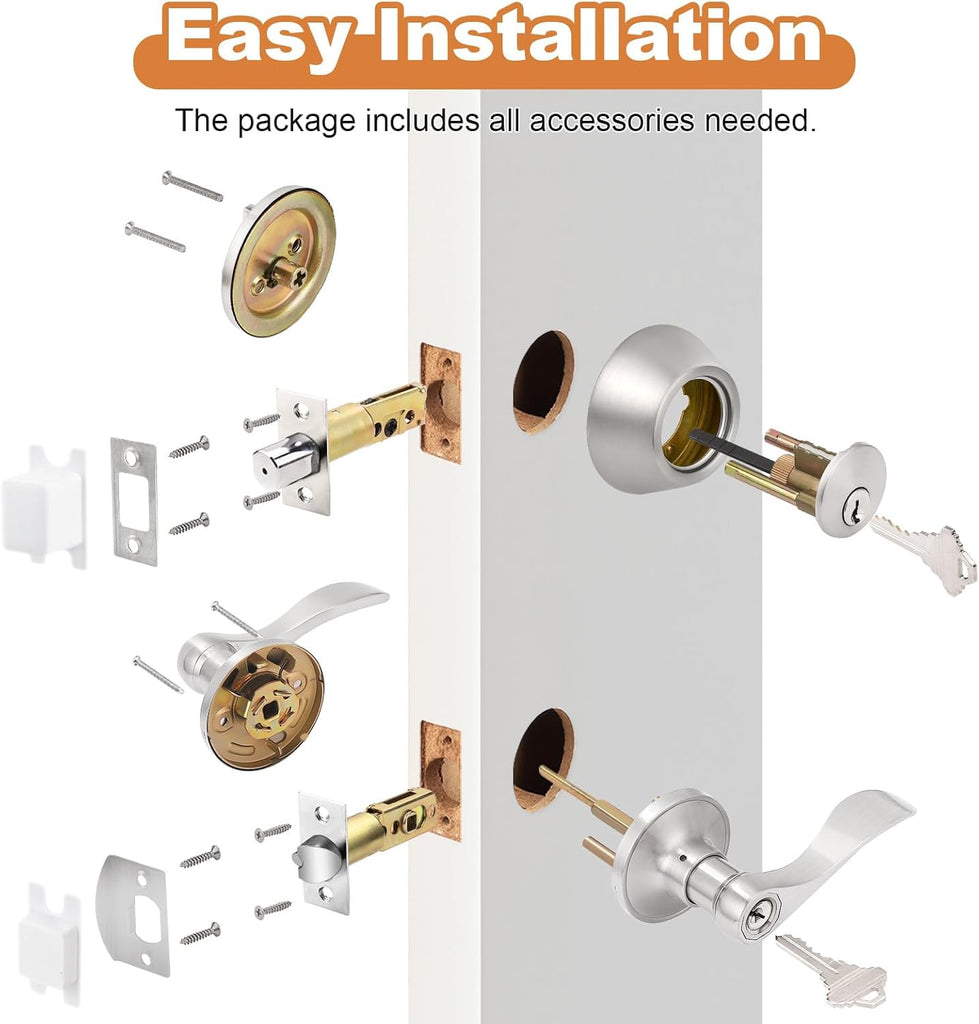 Entrance Door Lever Deadbolt Sets Drop Style Entry Door Handle Set with Single Cylinder Deadbolt in Satin Nickel