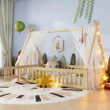Twin Floor Bed for Kids Tent-Shaped Montessori Floor Bed with Slats and Guardrails Twin Size Wood Teepee Bed Frame