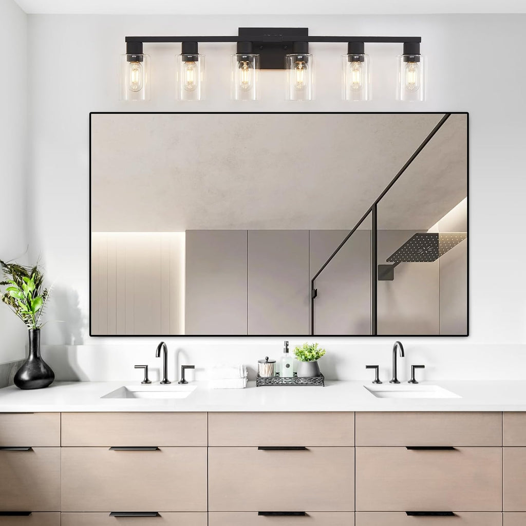 Black Bathroom Light Fixtures, 6-Light Bathroom Lighting Fixtures Over Mirror with Clear Glass Shade, Matte Black