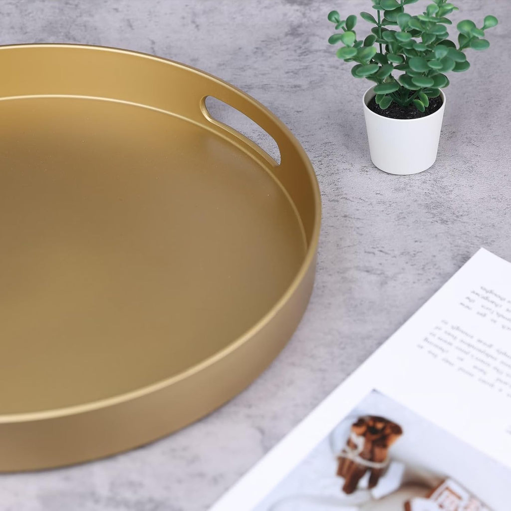Round Gold Decorative Serving Tray with Handles, 13" Versatile Ottoman Tray for Coffee Table, Entertaining, Outdoor