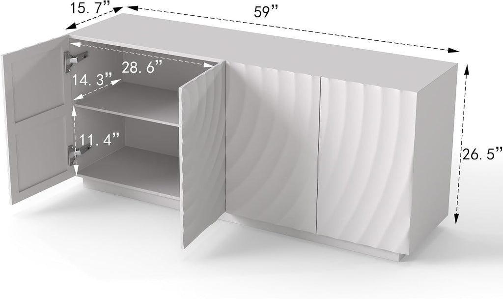 59" Modern Buffet Sideboard Cabinet, Artistic 3D Texture Storage Cabinet with 4 Doors, Freestanding Credenza Buffet