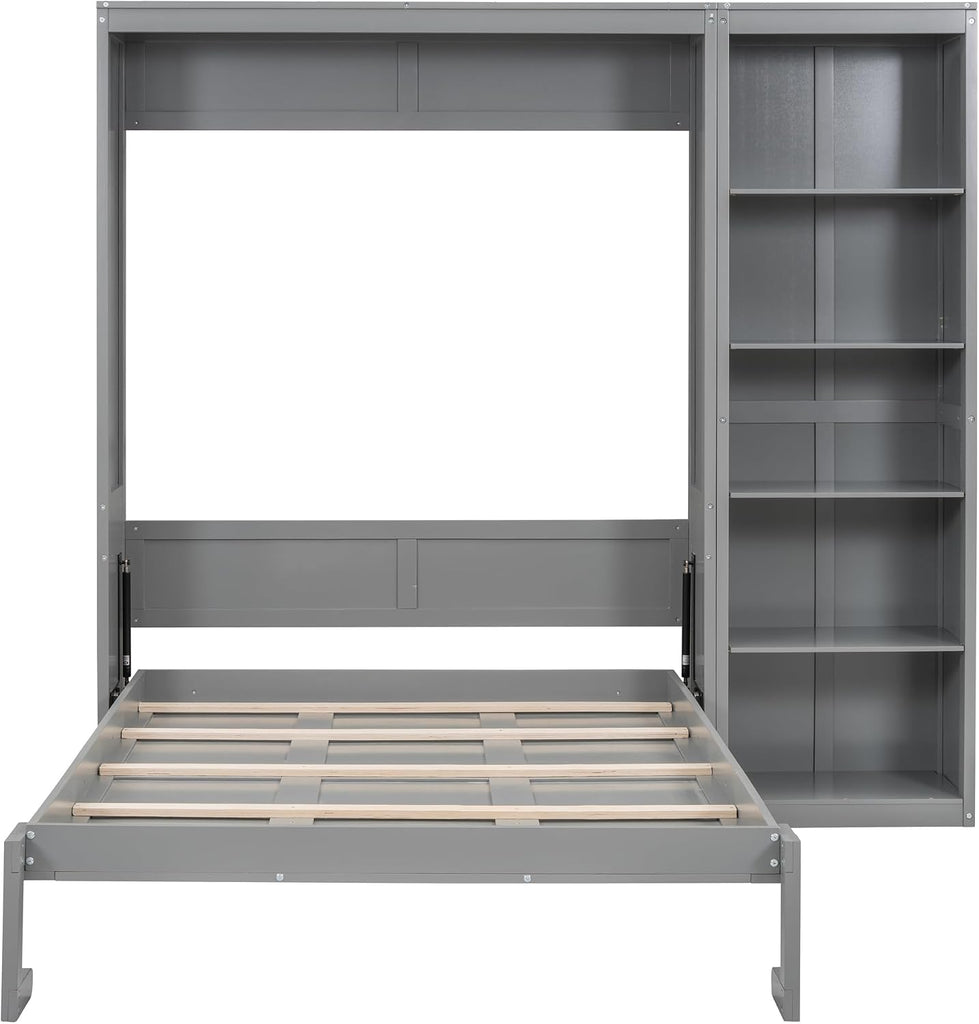 Full Murphy Bed with Storage Bookcase Shelves,Wood Folding Grey Murphy Wall Bed Cabinet