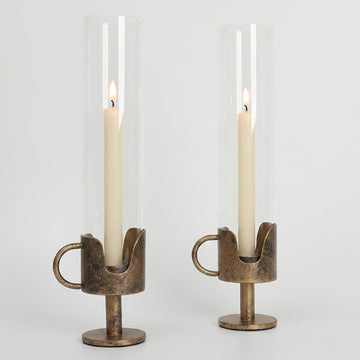 Antique Brass Hurricane Candle Holders with Clear Glass Tube, Set of 2 Vintage Taper Candlestick Holders for Dining
