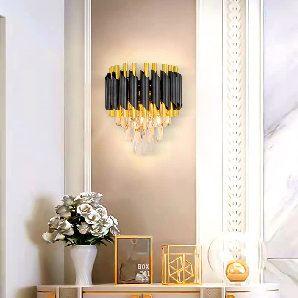 Black and Gold Crystal Wall Sconce, Modern E12 Wall Light
