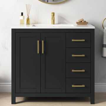 36" Black Single Sink Bathroom Vanity with Integrated Top - Freestanding Vanity Cabinet