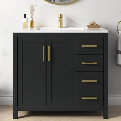 36" Black Single Sink Bathroom Vanity with Integrated Top - Freestanding Vanity Cabinet