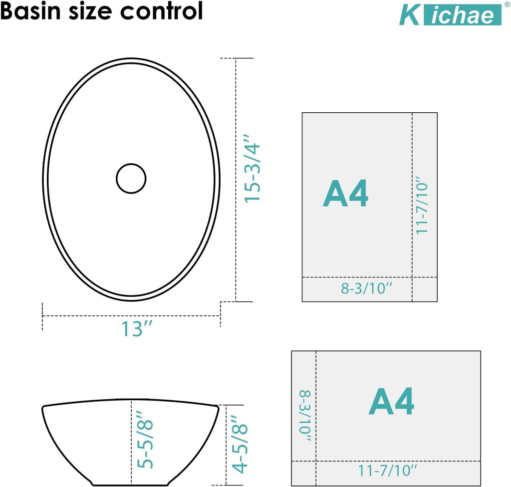 Kichae Oval Vessel Sink 16"x13" Modern Bathroom Vessel Sink Above Counter Egg Oval Shape White Porcelain Ceramic