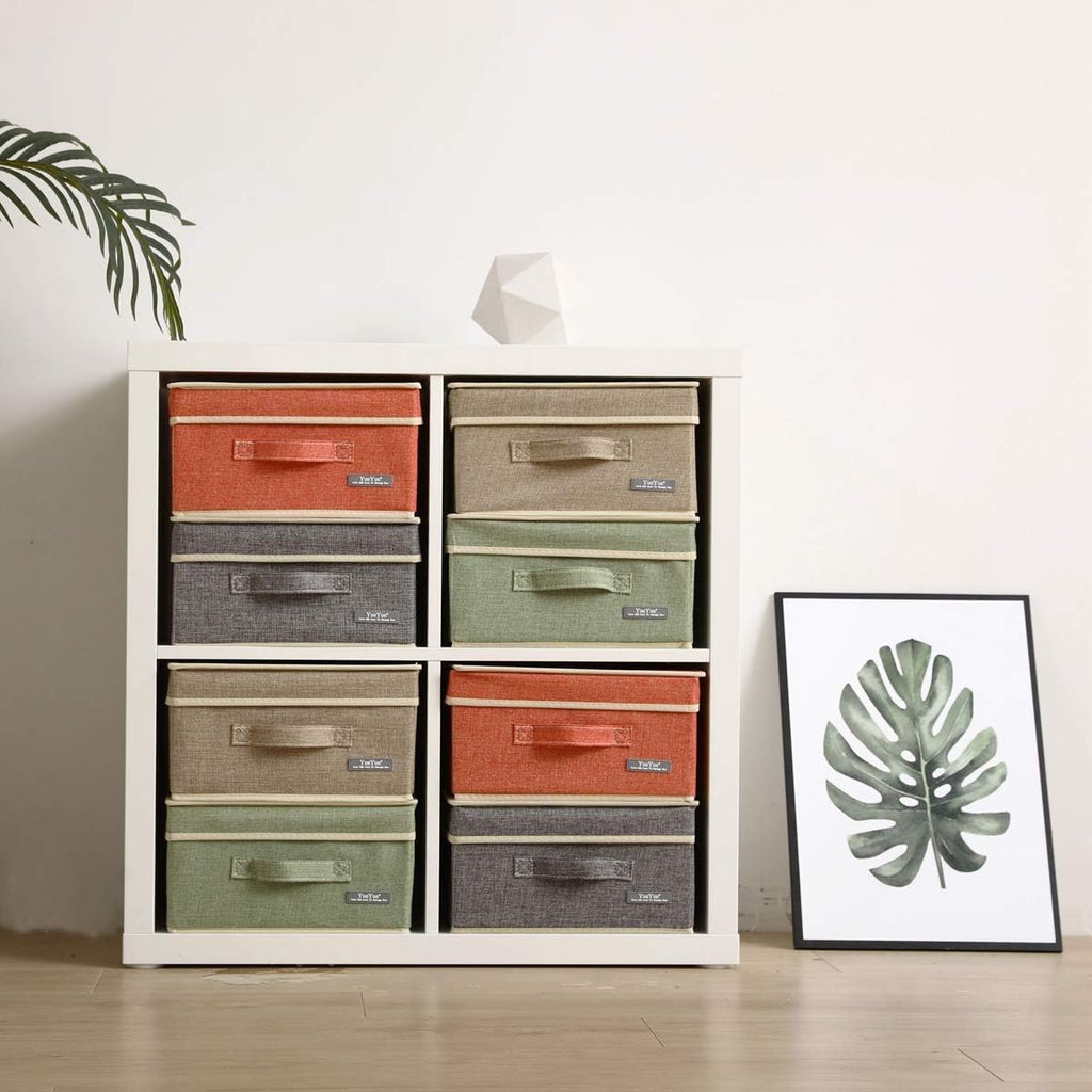 Fabric Storage Bins with Lids Small 4 Pack, Linen Foldable Storage Box with lids 4 Color Set 12.4in/12in/6.7in