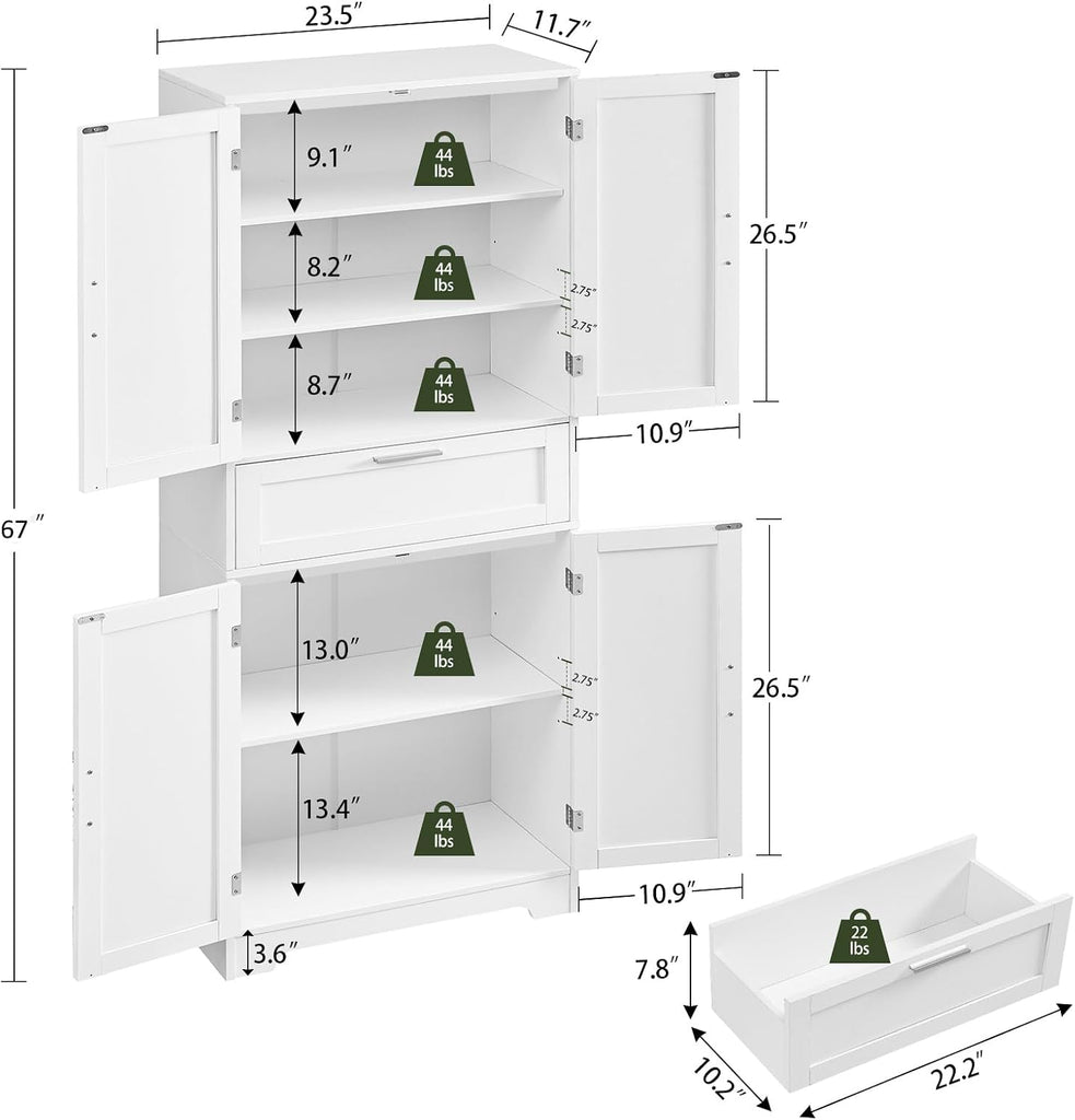 67" Tall Storage Cabinet with Adjustable Shelf & 1 Large Drawer, Pantry Cabinet with 4 Doors, Kitchen Cabinets