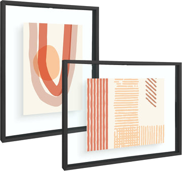 2 Pack 11x14 Black Metal Floating Picture Frame Real Glass | Tempered Glass Front, Plexiglass Back, Wall Mount