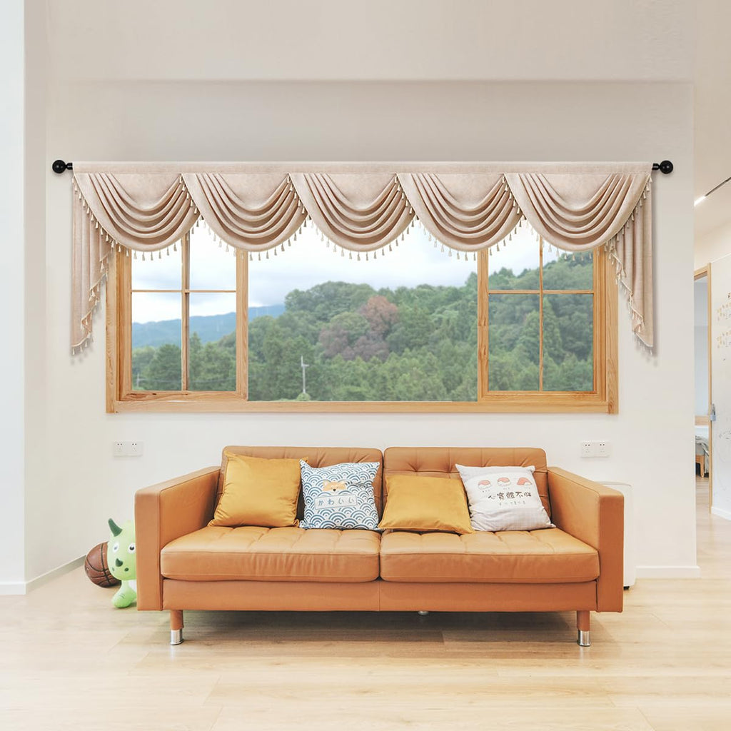 Japanese Style Modern Curtain Valance Faux Linen Curtain Solid Coffee with Beige Tassel Valance(138inch, 1 Panel)