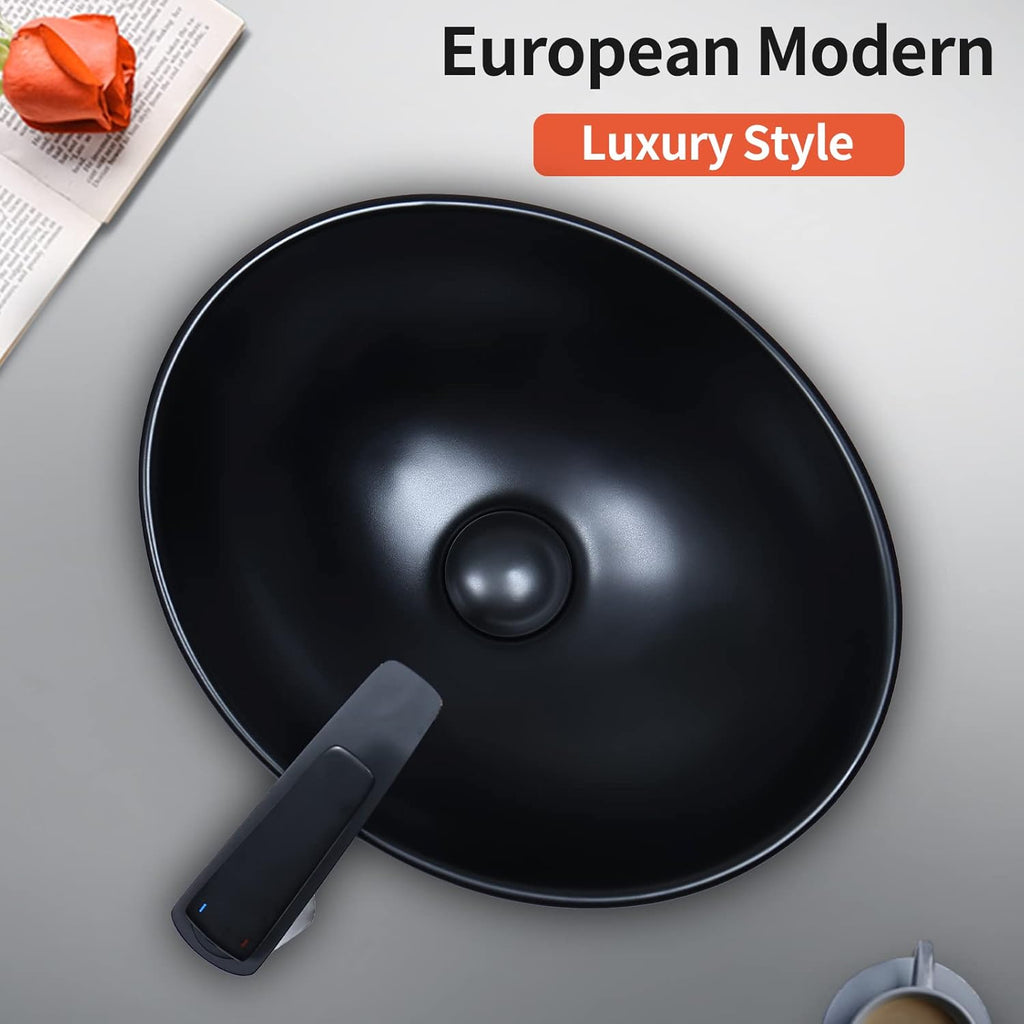 15.7" x 13" Matte Black Oval Vessel Sink with Pop Up Drain,Bathroom Sinks Above Counter,Bathroom Vessel