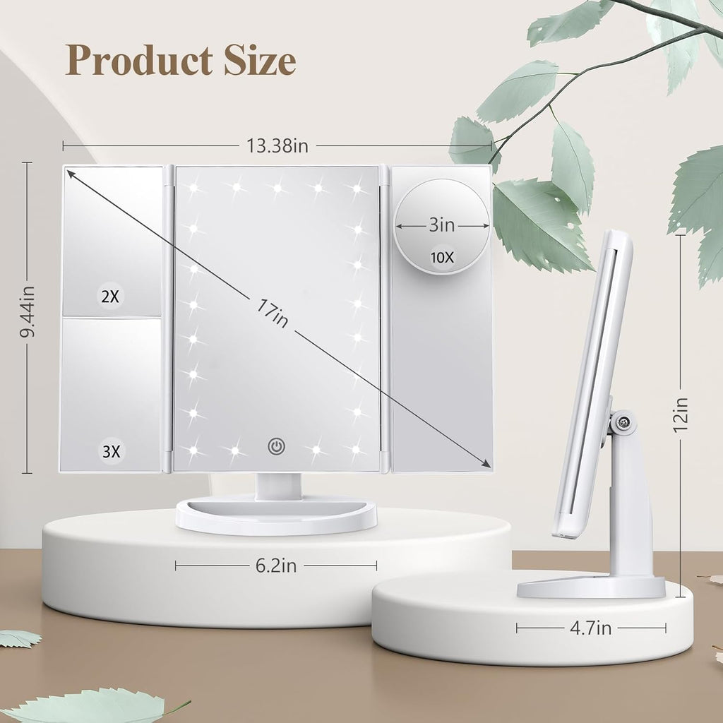 Makeup Mirror, Gifts for Mom Mothers Day, Vanity Mirror with Lights, 2X/3X/10X Magnification, Touch Control, Trifold