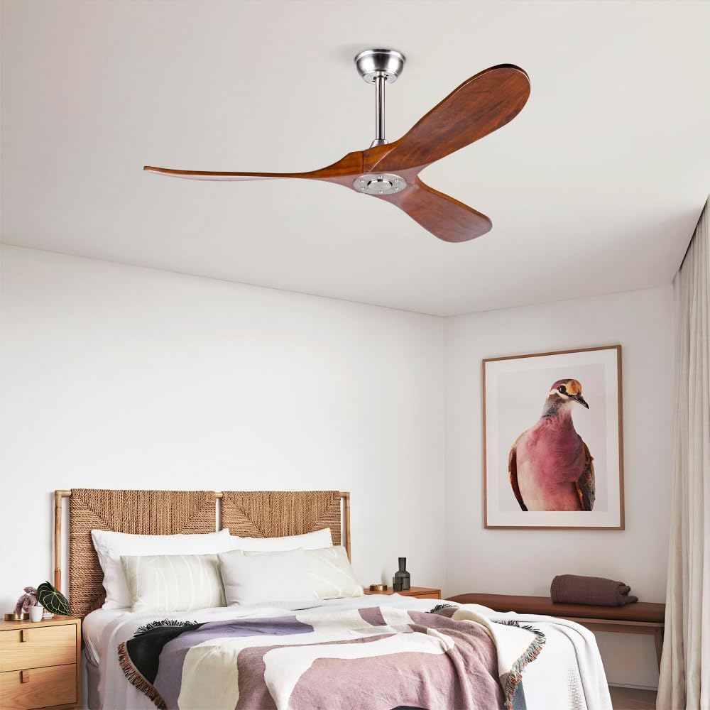 52 Inch Outdoor Ceiling Fan with Remote Control - Solid Wood 3 Blade, Water Resistant, Walnut