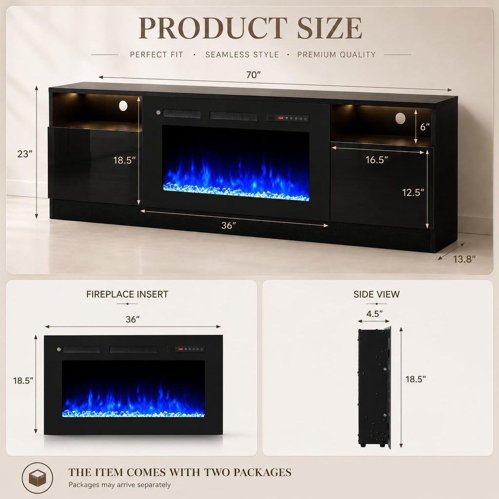 70" Fireplace TV Stand for TVs Up to 80",Entertainment Center with 36" Electric Fireplace and 12 Colors LED