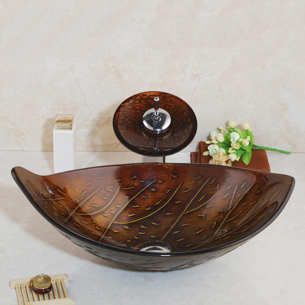 Bathroom Vessel Sink Combo Tempered Glass Leaf Shape Bowl Chrome Waterfall Faucet Pop Up Drain Set