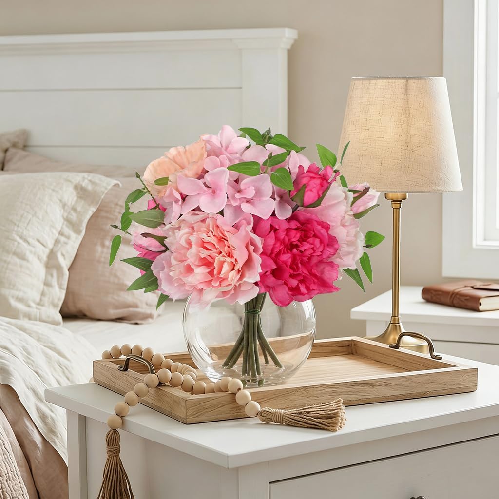 Artificial Flower in Vase, Faux Silk Flowers Arrangement Peony Hydrangea Poppy Eucalyptus Bouquet with Faux Water