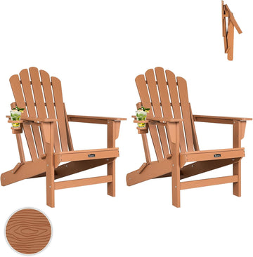Folding Adirondack Chair Set of 2, Fire Pit Chairs with Cup Holder | Wood-Grain, HDPE All Weather, Quick-Folding, No