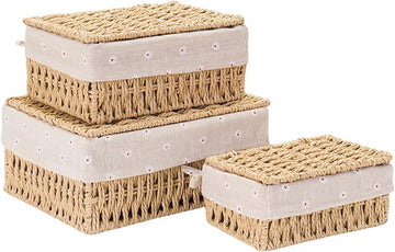 Small Wicker Storage Baskets with Lid/Liner Woven Cute Decorative Boxes | Boho Paper Rope Baskets for Shelves