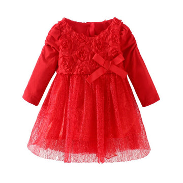 Little Girls Long Sleeve Dress Cute Lace Baptism Red Long Sleeve Princess Dress