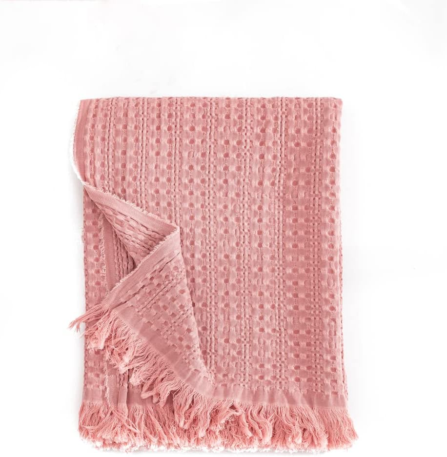 100% Cotton Throw Blanket, Waffle Weave Cable Knit Blanket with Tassels, Soft Lightweight Pre-Washed Breathable Cozy