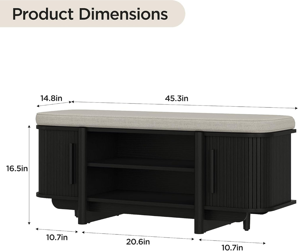Entryway Shoe Storage Bench with Sliding Doors, 2-Tier Upholstered Shoe Rack Bench with Hidden Storage, Wooden Shoe