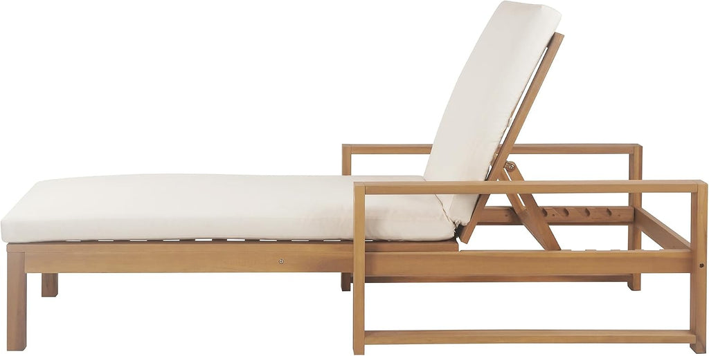 Acacia Wood Outdoor Chaise Lounge Set of 2, Patio 5-Postion Lounge Chairs with Adjustable Backrest & Beige Cushions