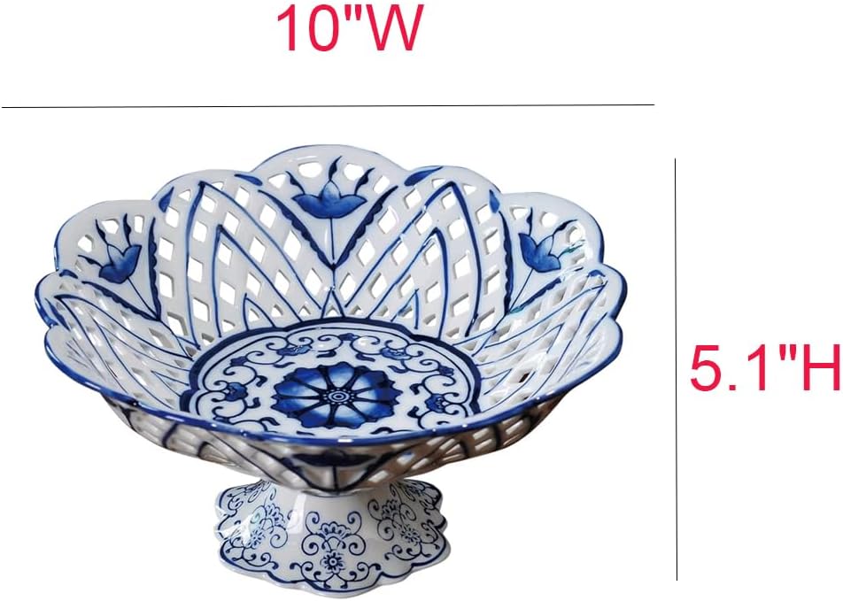 Vintage Floral Round Chinoiserie Ceramic Serving Bowl with Draining Holes, Blue And White10" Large Fruit Basket, Hand