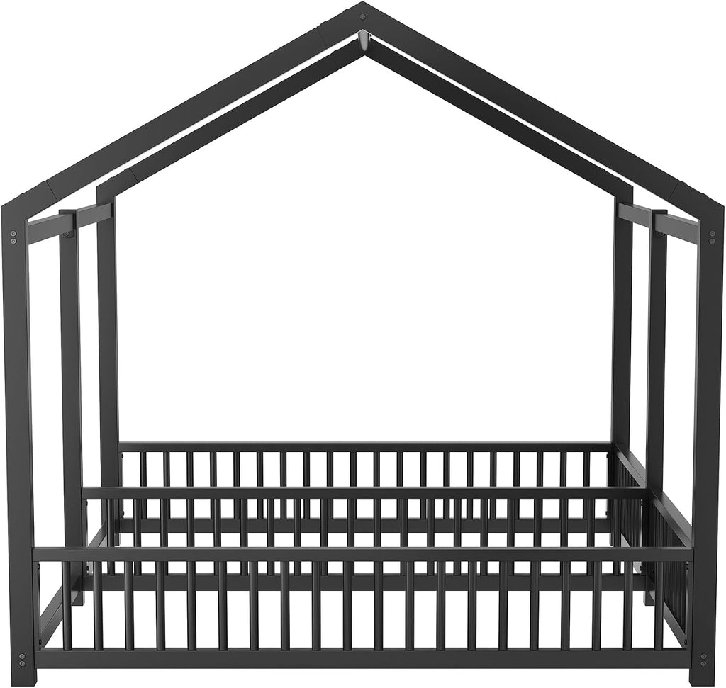 Twin Size Toddler Floor Bed,Double Bed Frames for Two Kids,Black | Montessori Floor Bed with Fence & Roof Design