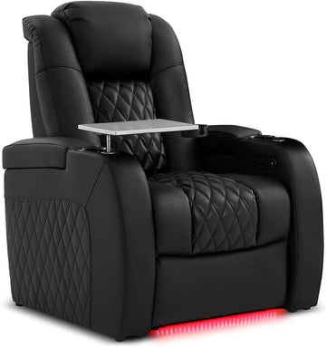 Home Theater Seating Genuine Leather Recliner Chair, Power Reclining & Headrest, USB A/C Charging Ports