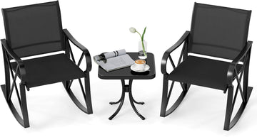 3 Piece Patio Rocking Set, 2 Rocking Chairs with Tempered Glass Side Table, Small Patio Furniture Set with Smooth