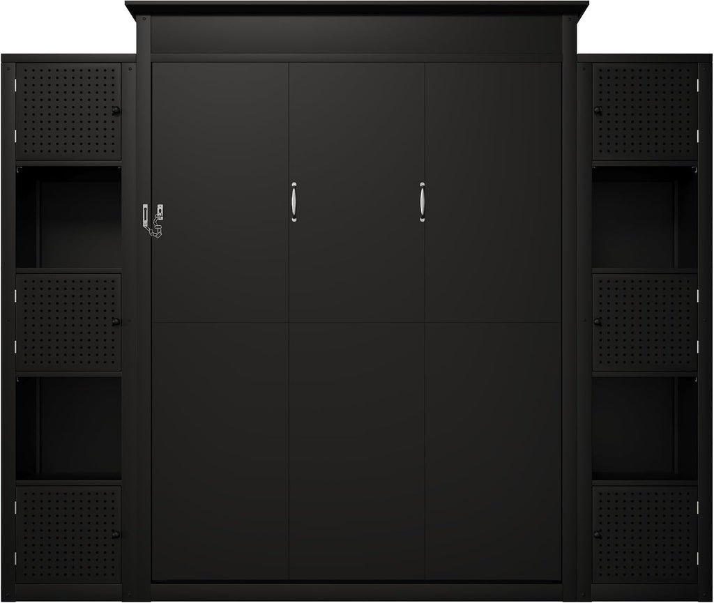 Queen Murphy Bed with Storage Shelf, Space Saving Hidden Wall Bed Cabinet with LED Lights, Foldable Murphy Beds with