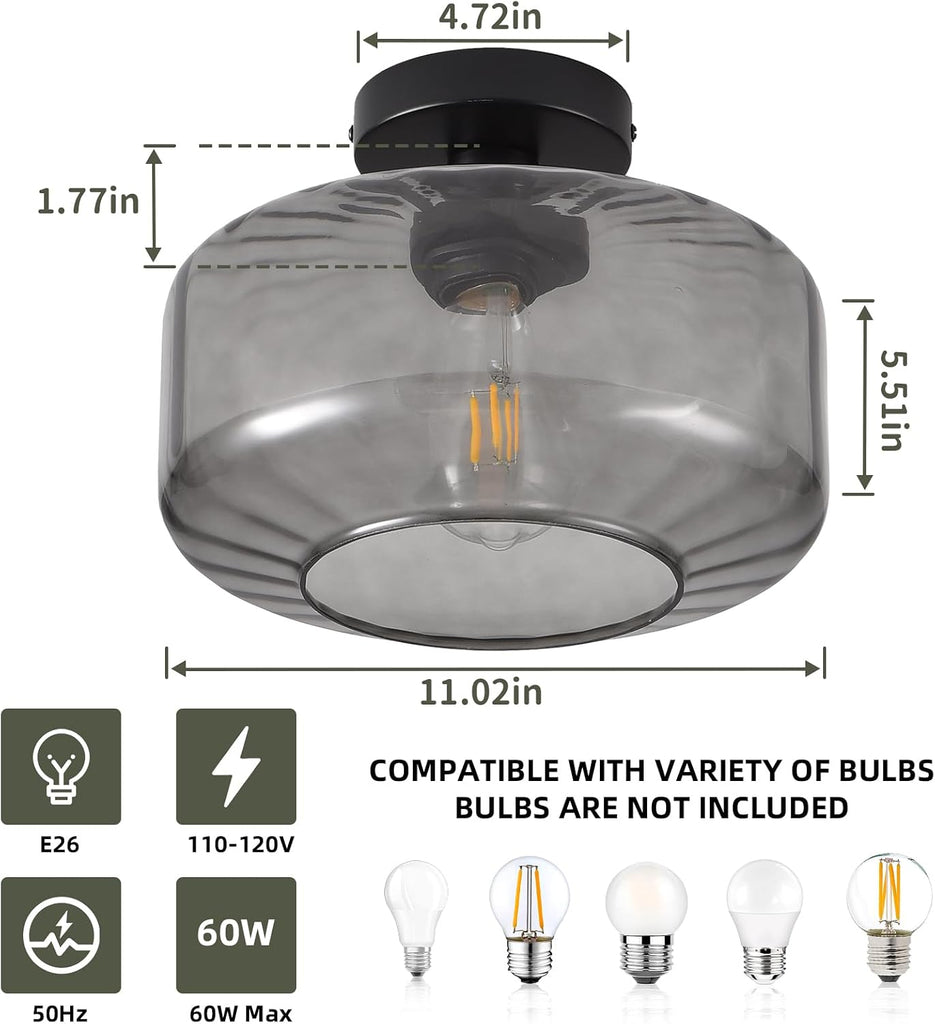 Glass Semi Flush Mount Ceiling Light, Modern Close to Ceiling Light Fixtures with Smoke Grey Glass Shade, Light