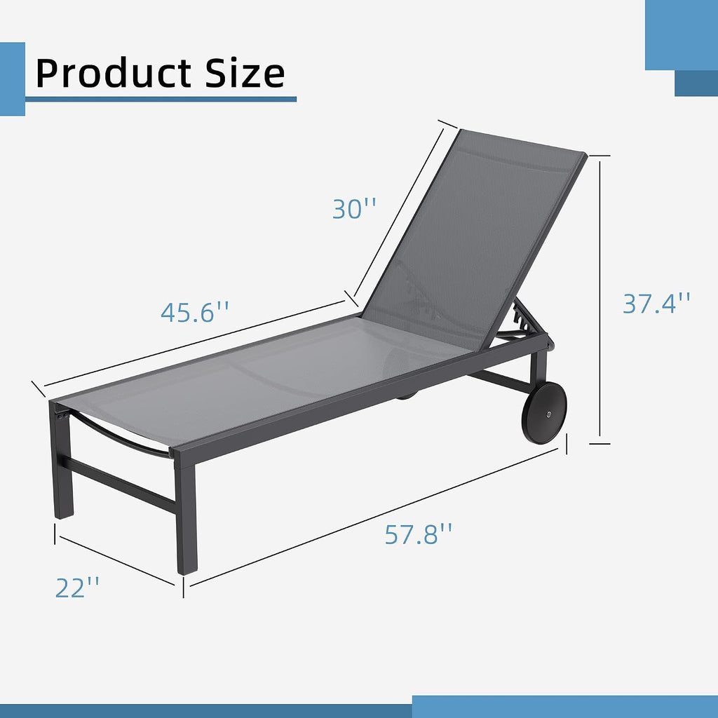 2 PCS Outdoor Chaise Lounges Chair with Wheels Aluminum Reclining Patio Lounge Chairs with 5 Adjustable Position