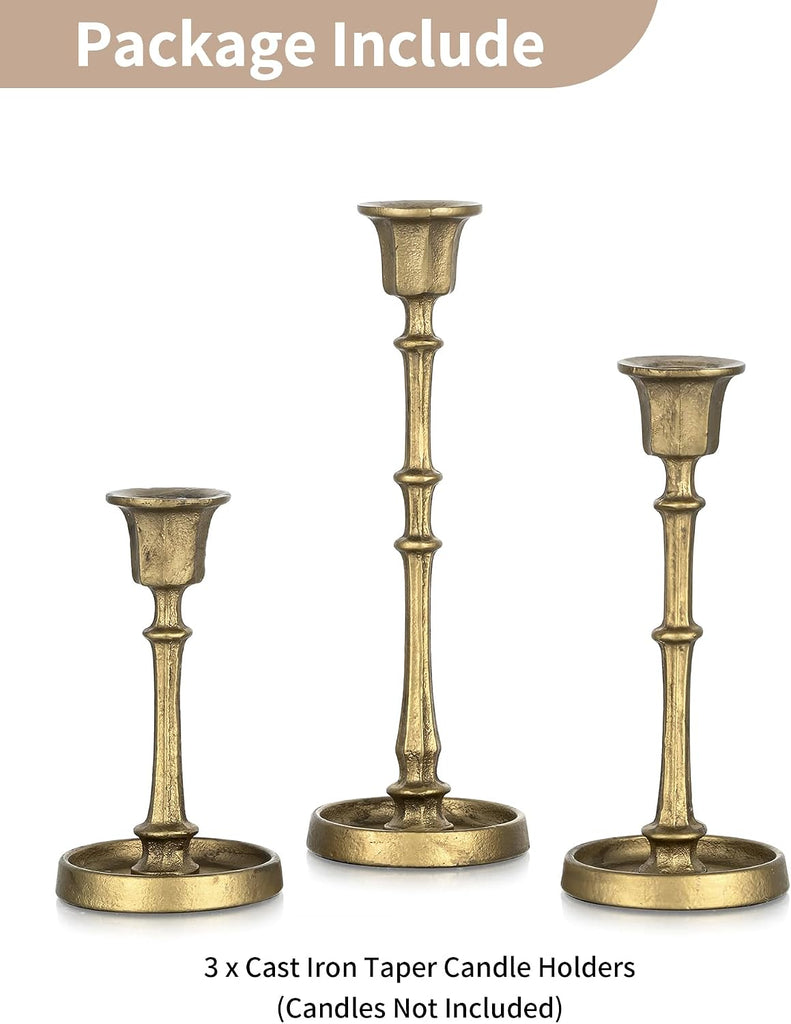 Cast Iron Candlestick Holders: Antique Brass Taper Candle Holders with Unique Drip Wax Aesthetics - Set of 3 Gold