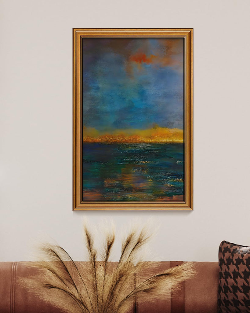 Abstract Ocean Wall Art 16x24 Framed Canvas Print with Golden Vintage Frame, Waves Sun Sky Art Modern Seascape Oil