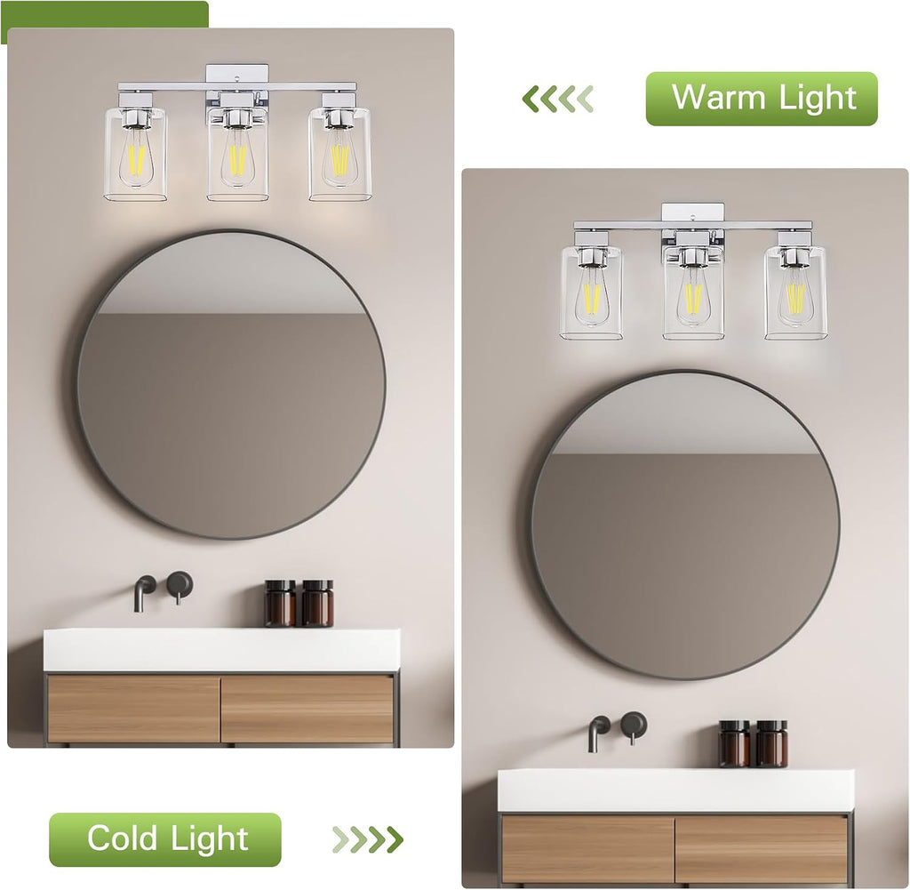 Chrome Bathroom Vanity Light - 3 Light Bathroom Light Fixture Square Design & UL Certification, Bath Room Lighting