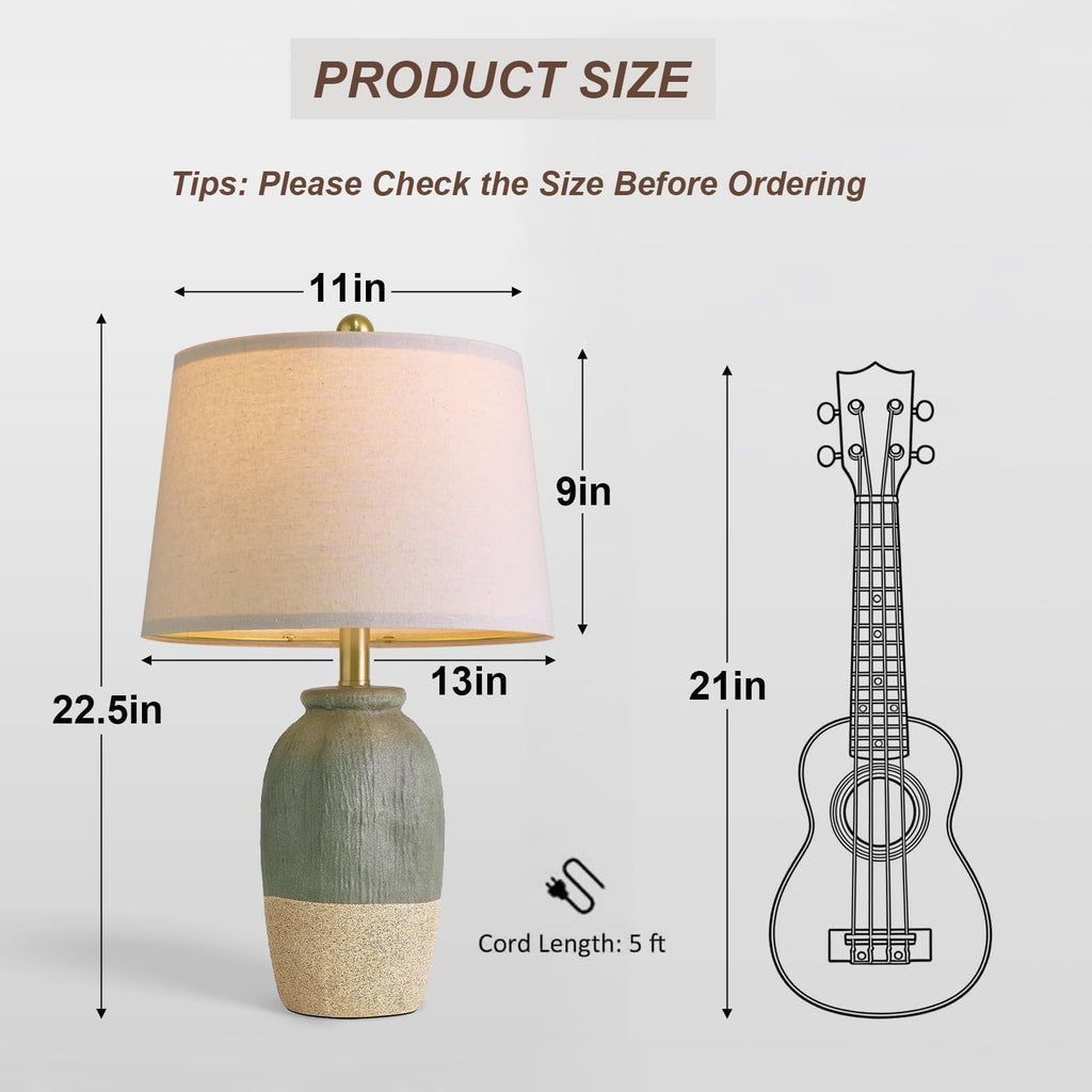 22.5" Green Ceramic Table Lamps, Boho Nightstand Lamp