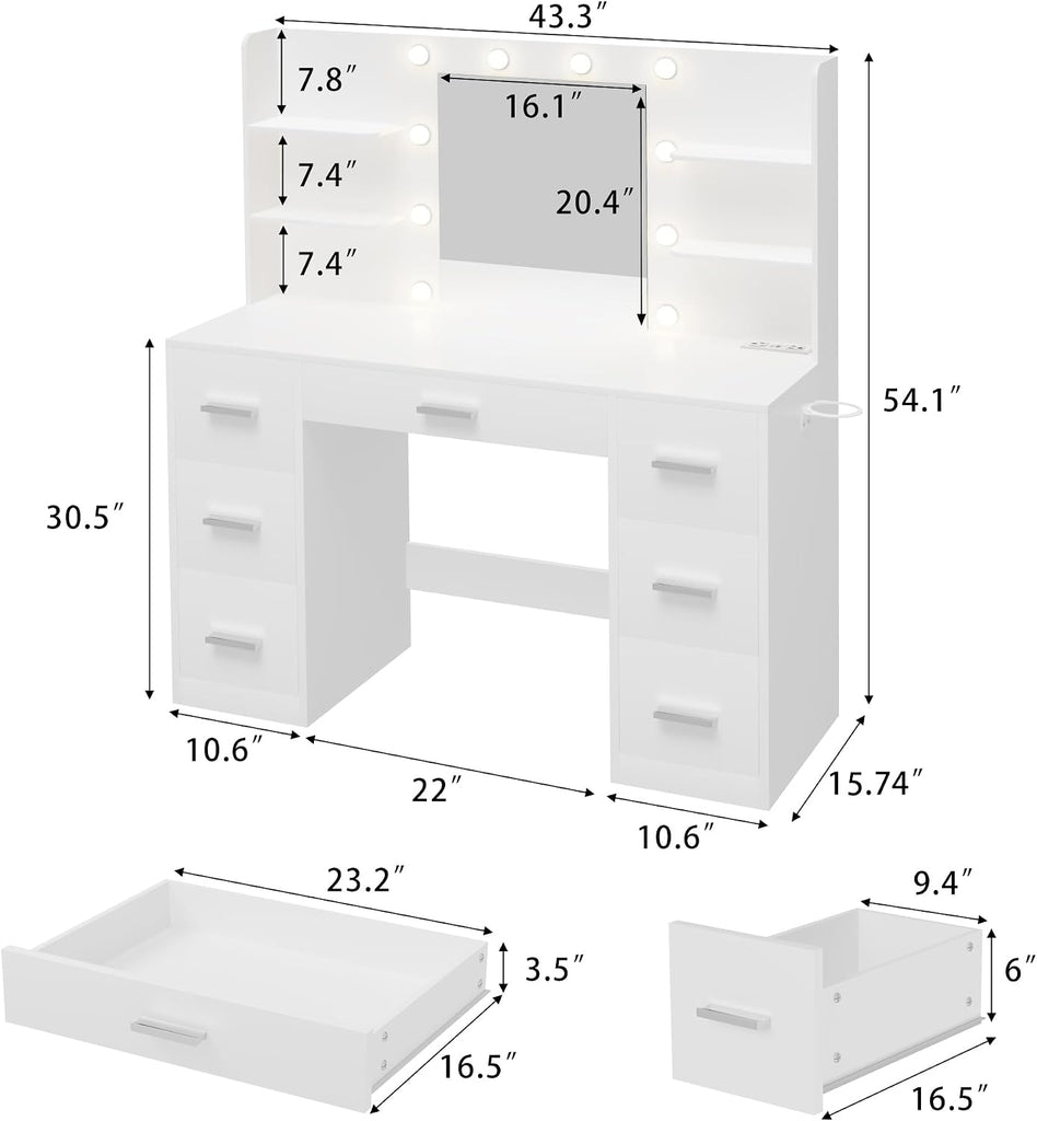 Vanity Desk with Mirror, LED Lights and Power Outlet Makeup Vanity Table with 7 Drawers and 6 Storage Shelves