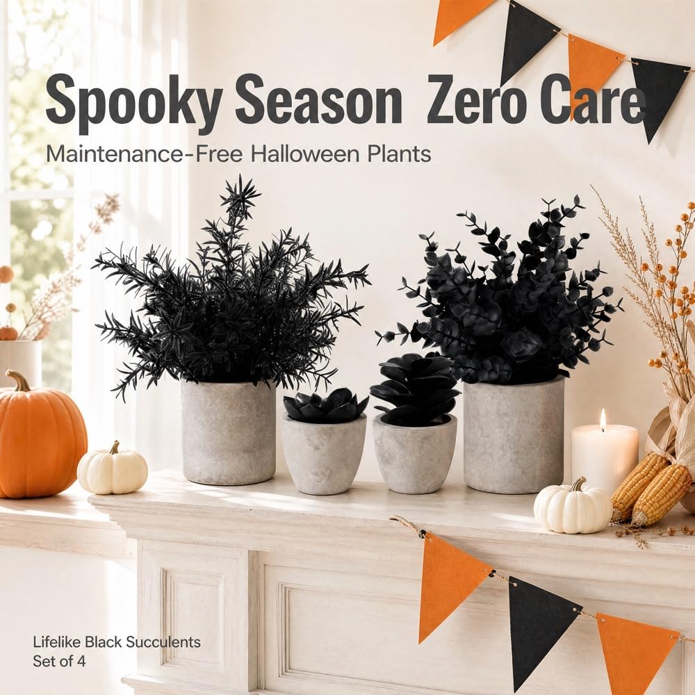 4 Packs Fake Plants Small Artificial Plants Black Eucalyptus Rosemary Succulents Potted Plants, Halloween Gothic Dark